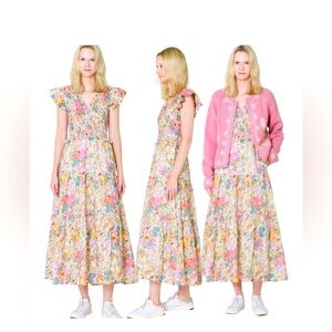 Sea New York Ines Floral V Neck Smocked Sleeveless Midi Maxi Dress sz 8‎ Flutter